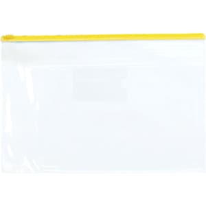 A transparent A4 file bag with a yellow zipper. It has an enclosed pocket and features a logo.