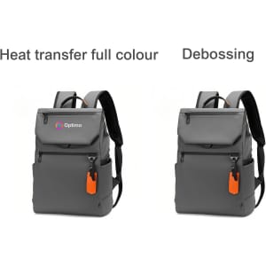 A grey Flap Laptop Backpack featuring a logo and an orange tag, displayed in two styles: heat transfer and debossing.