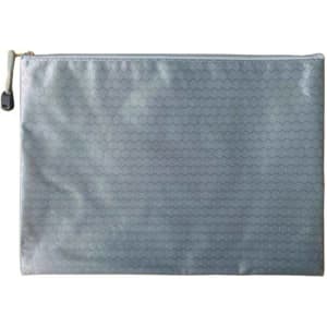 A grey zip bag with a textured pattern, featuring a zipper closure and a small tag.