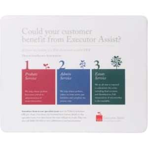 A white mouse mat featuring a smooth surface with a logo and numbered service categories in red, green, and blue.