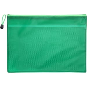 A green zippered pouch bag with a textured surface, featuring a drawstring closure and a branding logo.