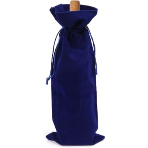 A drink bottle bag in dark blue flannel with a drawstring closure and cork detailing. It features a logo.