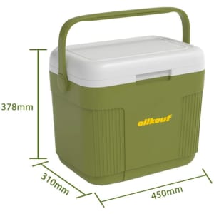 A green and white 22L cooler box with a comfortable carry handle and dimensions displayed. It features branding.