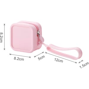 A pink square silicone coin pouch with a zipper and a loop handle, measuring 8.2cm by 12cm.