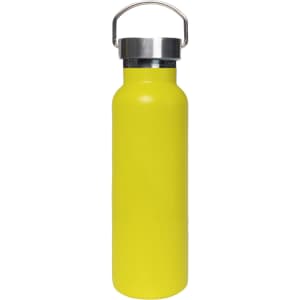 A drink bottle in vibrant yellow featuring a stainless steel lid and a sturdy carrying handle.