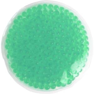 A green gel cold/hot pack with small round beads, encased in a clear plastic outer layer.