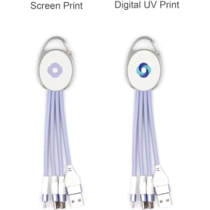 A 3-in-1 charging cable in lavender with a keyring attachment, featuring two different printed designs.
