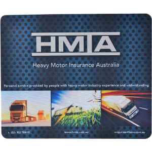 A mouse mat featuring a blue and black design with a logo, depicting trucks and various road scenes.