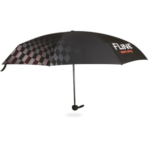 A black mini folding umbrella with a checkered design and a logo on it, accompanied by a protective case.