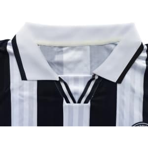 Black and white striped unisex polo jersey with a collar and a branding logo on the chest.