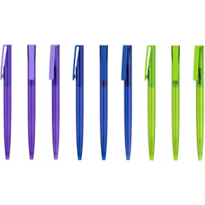 A set of plastic pens with transparent barrels in purple and green hues, featuring clip tops and a logo.