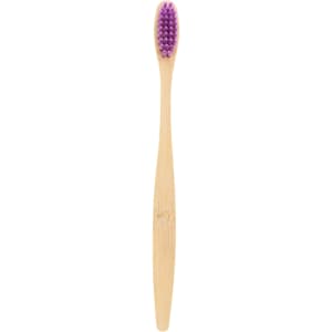 A bamboo toothbrush with a natural wooden handle and purple bristles. It features a logo on the handle.