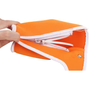 An orange bottle cooler with a zip closure, featuring a white trim and a hand holding it.
