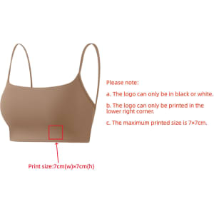 A seamless, thin-strap U-back yoga crop bra tank in a neutral beige colour with a logo in the lower corner.