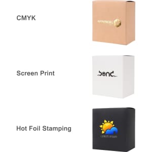 Three medium square gift boxes in kraft, white, and black, showcasing different printing techniques and a logo on one.