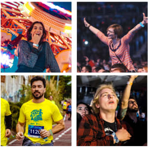 A collage featuring various individuals wearing colourful Tyvek wristbands at events, including a concert and a run.
