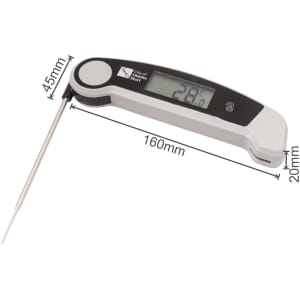 A digital instant read meat thermometer in white and black, featuring a sharp probe and a digital display.