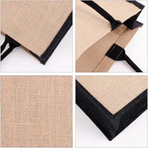 A jute tote bag in natural beige with black trim and handles, showcasing its textured fabric and interior features.