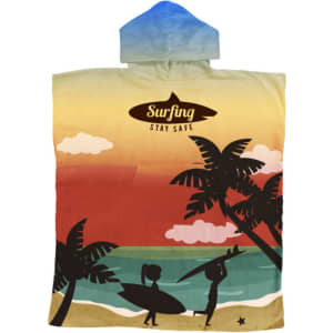A cotton surf poncho towel in blue, orange, and cream, featuring a beach scene with silhouettes of surfers and palm trees.