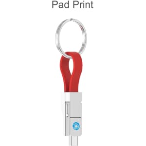 A red magnetic charging cable attached to a keyring, featuring a silver connector and a logo.