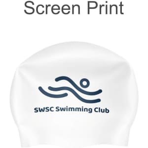 A white silicone swimming cap featuring a logo and a graphic design of a swimmer.