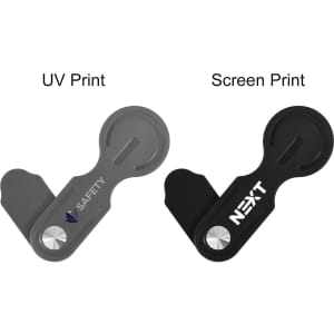 A plastic magnetic phone holder for laptops in grey and black, featuring different printing styles and a logo.
