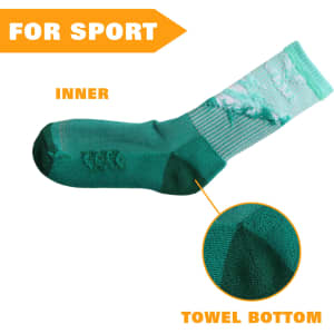 Crew woven sport sock in green with a towel bottom for added comfort. Features a patterned upper section and a logo.