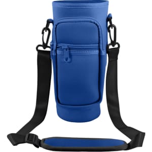 A drink bottle carrier bag in blue, featuring a phone pocket and adjustable strap. Includes a logo.