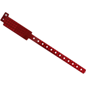 A red disposable holographic PVC wristband with a perforated design and a small tab. It features a logo.