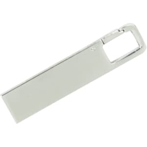A silver flash drive with a sleek rectangular design and a loop for easy attachment.