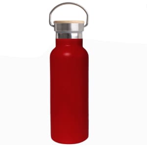 A drink bottle in bright red with a silver lid and bamboo top. Features a metal handle and a smooth finish.