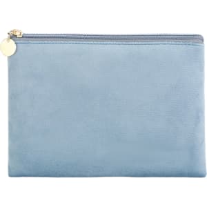 A durable flat makeup bag in a soft blue colour, featuring a gold zipper and a small charm.