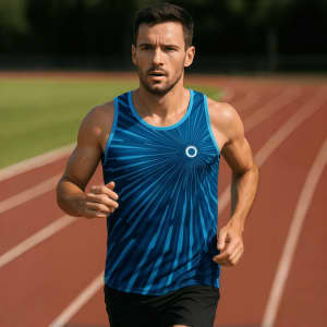 A blue sublimated singlet with a dynamic design, worn by a man running on a track. The singlet features a logo.