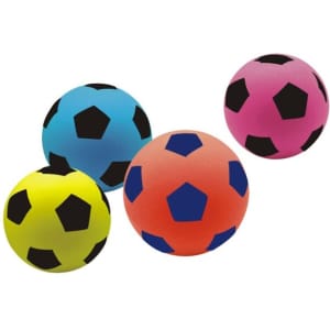 Four football-shaped stress balls in vibrant colours: blue, pink, yellow, and orange, featuring black pentagon designs.