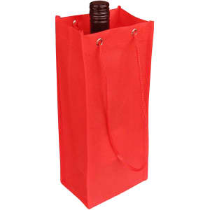 A drink bottle is partially visible inside a red non-woven single bottle bag with a rope handle, featuring a logo.
