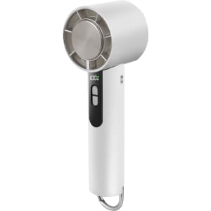 A high-speed cooling fan in white with a sleek design and a digital display on the handle.