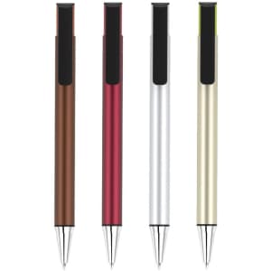 A collection of four pens in brown, red, silver, and gold, each featuring a sleek design and a logo.