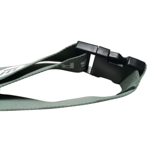 A green poly ribbed luggage belt with a black buckle and a logo. Suitable for securing luggage.