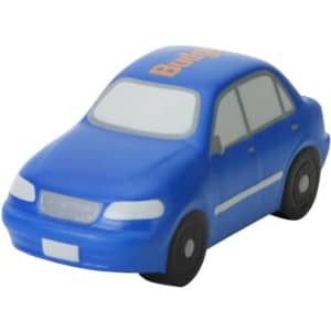 A blue sedan car-shaped stress reliever with black wheels and a logo on the roof.