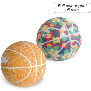 A pair of PU basketballs featuring vibrant designs in orange and multi-coloured floral patterns, each with a logo.