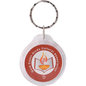 A round acrylic keyring featuring a circular design with a logo in orange and white, surrounded by a clear border.