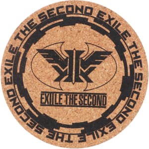 A round cork coaster in natural brown, featuring a black emblem and text design in the centre.