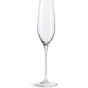 A clear glass champagne flute with a tall, slender design and a sturdy base, featuring a simple logo.