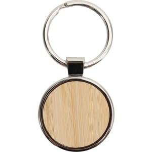 A round wooden keyring with a silver metal rim and keychain attachment, featuring a natural wood finish.