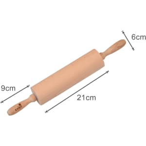 A wooden rolling pin in a light, natural finish, featuring a logo and measuring 21cm in length.