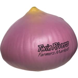 A purple and yellow onion-shaped stress reliever with a branding logo on the side.