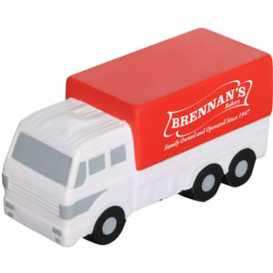 A goods van-shaped stress reliever in white and red, featuring a logo on the side.