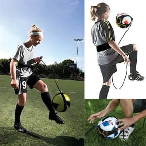 A soccer training belt in black, connecting a ball to a player on a field, displayed with different usage examples.