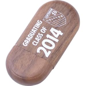 An oblong wooden flash drive in a dark wood finish, featuring a logo and the text "Graduating Class of 2014".