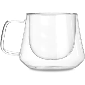 A transparent double wall glass mug with a unique curved shape and a handle. It has a sleek, modern design.